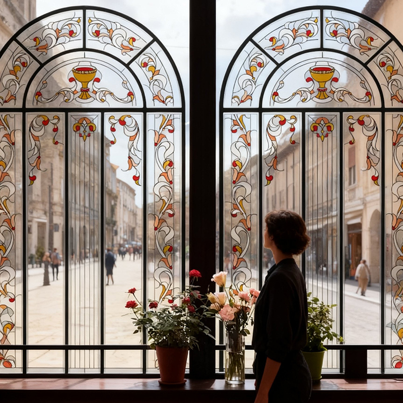 American Retro Arched Glass Film Window Transparent Sticker European Semi-Circular Door Sliding Door Window Decoration