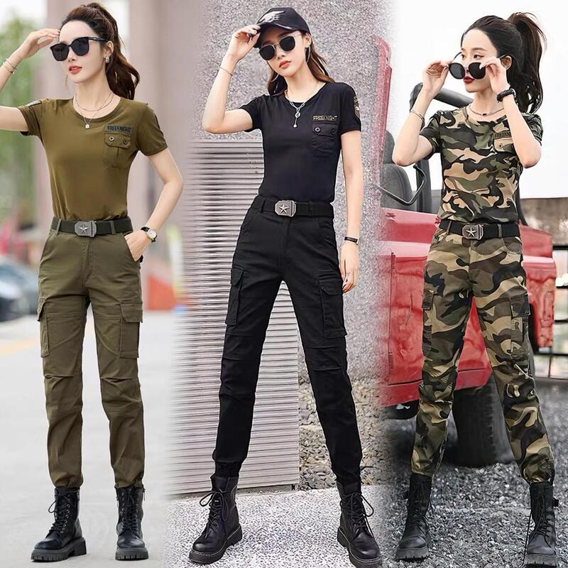 Summer New Camouflage Suit for Women, Round Neck Short-Sleeved T-Shirt, Workwear Straight-Leg Jogger Pants, Outdoor Large Size Two-Piece Set