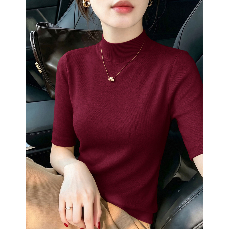 Wear Alone for a Super Stylish Look: Burgundy Half-High Collar Base Shirt for Women, New Style, Made of Merino Wool, Mid-Sleeve Knit Top for Autumn