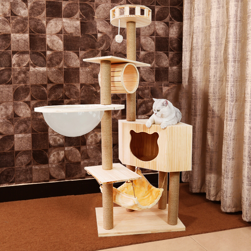 Solid wood cat climbing frame large space capsule cat frame tree house cat nest jumping platform integrated cat scratching board column cat toy supplies