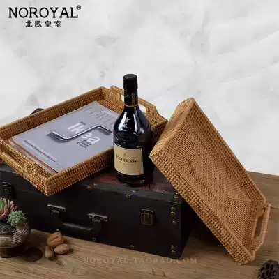 Imported natural log rattan desktop storage box Hand-woven bread snack tea tray American rectangular retro tray