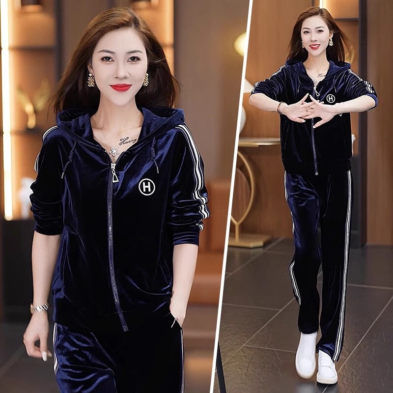 Sports Suit for Women 2025 New Early Autumn Korean Style Loose Bf Lazy Style Sweatshirt Gold Velvet Casual Wear Two-Piece Set