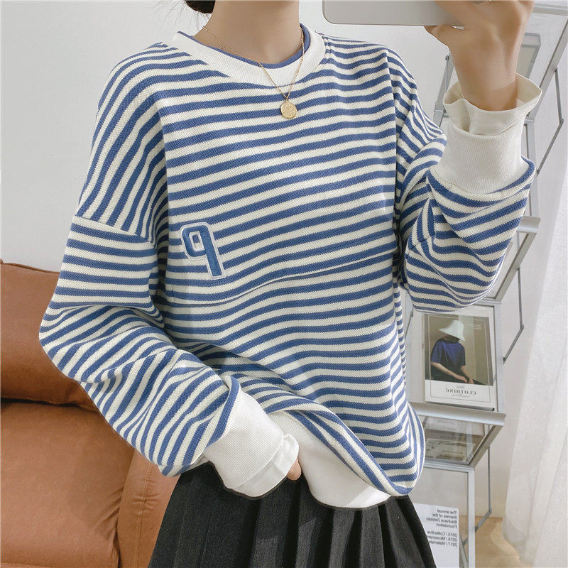 Lactation striped casual blouses pure cotton long sleeve postpartum round neckline jacket head jacket loose casual jacket horizontal open pull chain