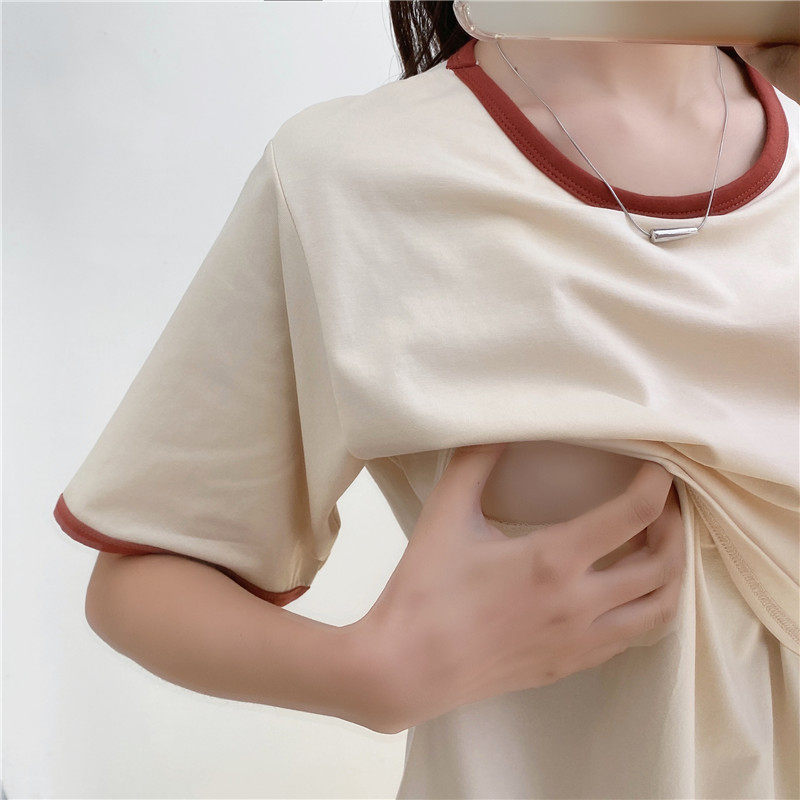 Spring and summer pullovers, round neck, cotton, short-sleeves, nursing T-shirts, long-sleeved loose pullovers, postpartum nursing tops