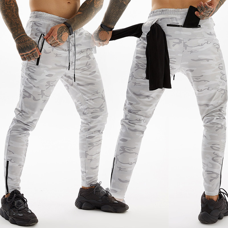 Elastic Fitness Pants Camouflak White Sport Long Pants Moisture-absorbing bunches Pants Multiple Pockets Pull Chains Sport Pants New Casual Pants