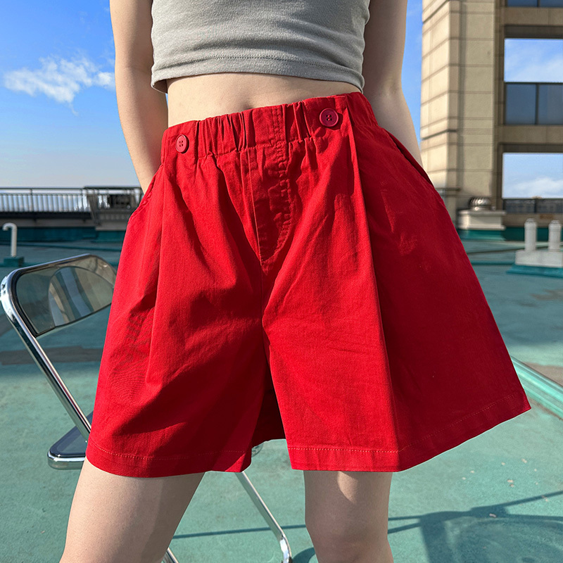 Red Casual Shorts for Women, Summer 2026, Elastic Waist, Pure Cotton, Loose Fit, Slimming A-Line Versatile Wide-Leg Shorts, Hot Pants