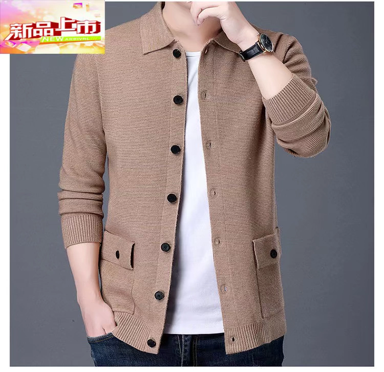 Mùa xuân và mùa thu dệt kim Cardigan của nam giới Phong cách Hàn Quốc Xu hướng đẹp trai Bên ngoài Áo len mỏng của nam giới Áo khoác len có ve thường - Áo len thể thao / dòng may