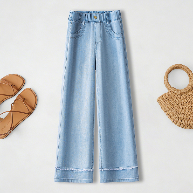 Ultra-Thin Petite Cropped Straight-Leg Pants with Elastic Waist, Plus-Size Thin Cropped Pants, Summer 2026 New Style Jeans