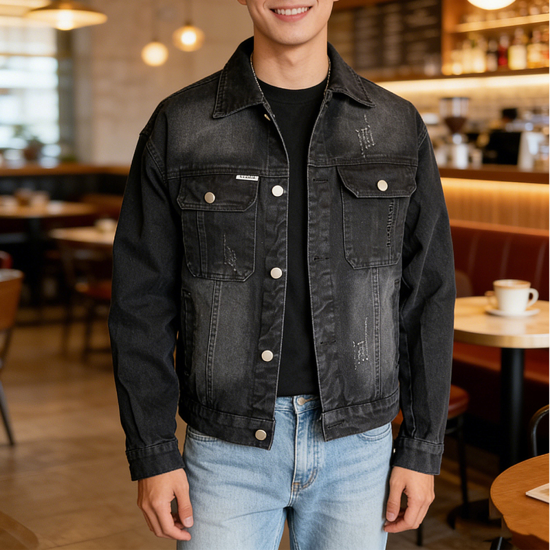 Spring and Autumn Black Washed Denim Jacket with a High-End Feel, Trendy Retro Workwear Style, Slim Fit, Fashionable and Cool Men's Jacket