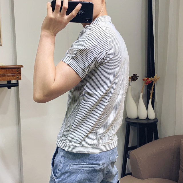 Summer Men's Short-sleeved Shirt Personality Pocket Slim Shirt Male Korean Style Teen Casual All-match Striped Top