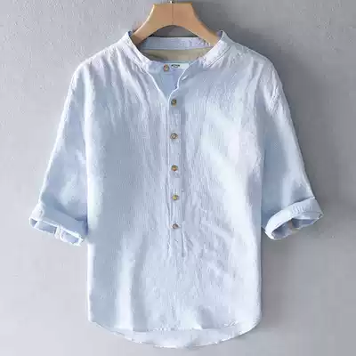 Famous style casual linen shirt men's summer thin mid-sleeve simple Joker men's seven-point sleeve t-shirt shirt tide
