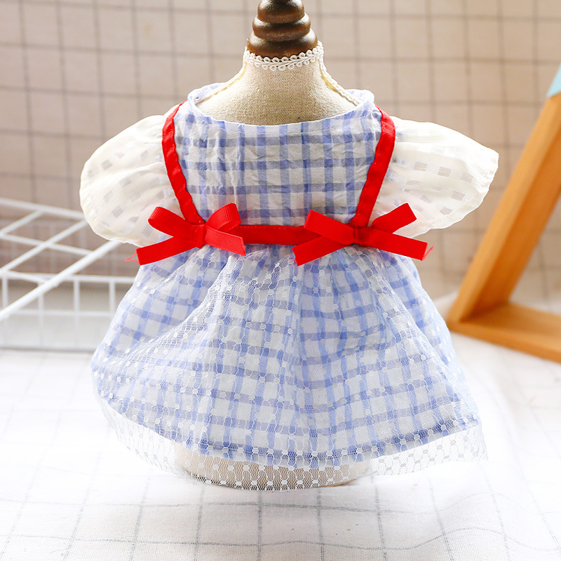 Pet Clothes Teddy Cat Clothing Spring Summer Bow Red Woven Blue Gauze Skirt Cute Puppy Clothes