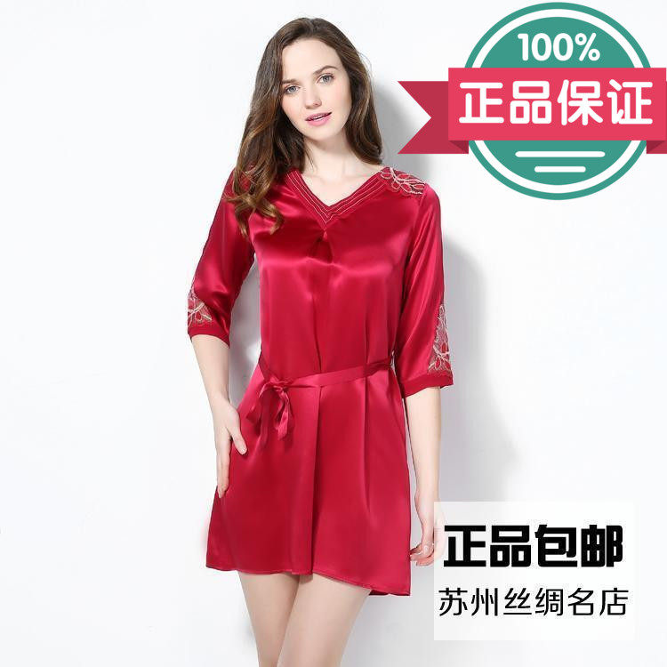 Suzhou Silk Brand True Silk Doll Money Dress Autumn Skirt Woman Summer Autumn Embroidered non-large red mulberry silk lace sleeping dress