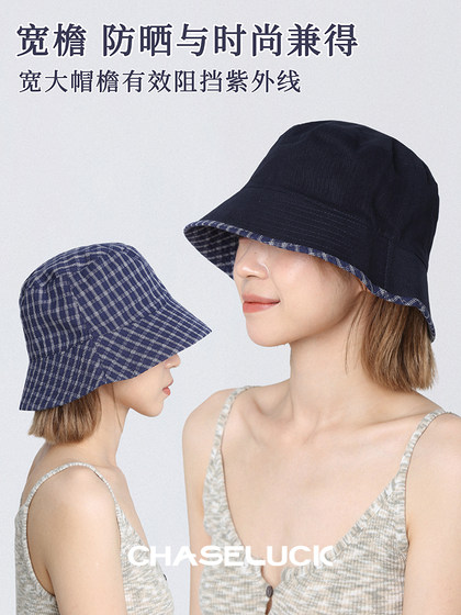黑白格纹双面渔夫帽女夏新款大头围盆帽水桶帽遮阳帽帽子防晒帽