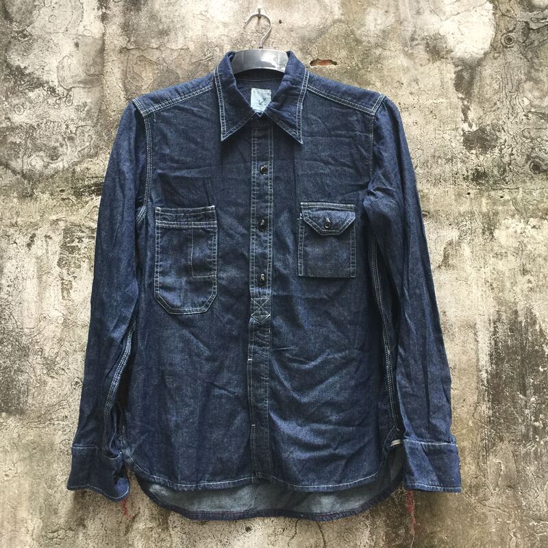 Japanese Style Indigo Three-Needle Cat-Eye Button Denim Workwear Long-Sleeve Shirt, Amekaji Vintage Biker Style
