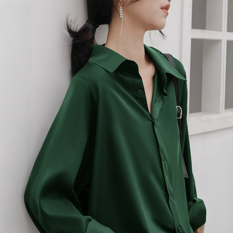 Dark Green Shirt for Women, Spring 2026 New Style, High-End Dark Blue Long-Sleeved Satin Loose Chiffon Shirt Top