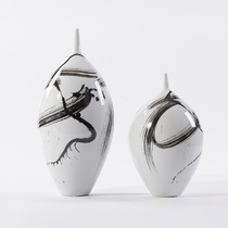 New Chinese ink ceramic flower decoration living room wine cabinet model room sales office creative small mouth flower arrangement home decoration