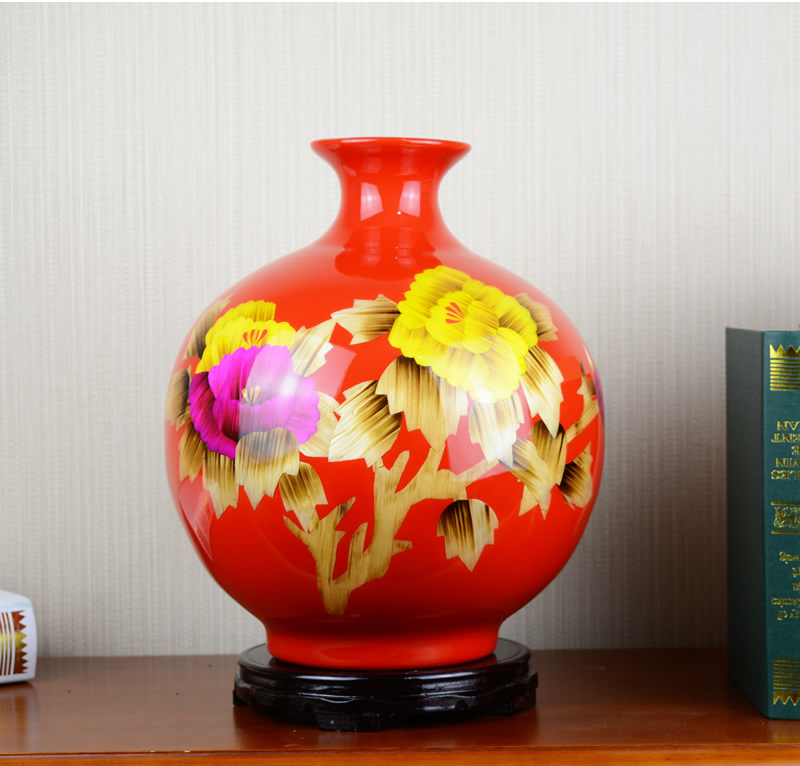 Jingdezhen ceramics red peony vases, modern Chinese style living room home flower adornment handicraft furnishing articles