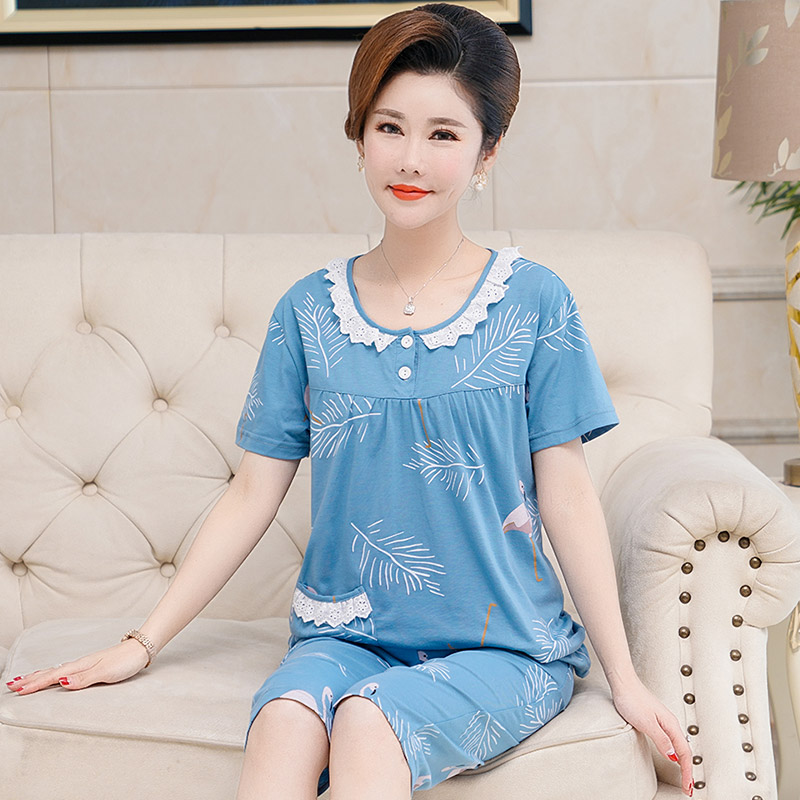 Mùa hè trung niên bộ đồ ngủ mẹ womens bông tay áo ngắn bảy điểm quần phụ nữ mất trung niên già phù hợp với quần áo nhà mỏng.