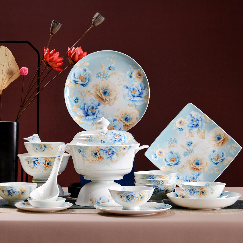 New Chinese bowl and plate set household glaze in color bone china creative tableware bowl and plate combination can be microwave gift housewarming