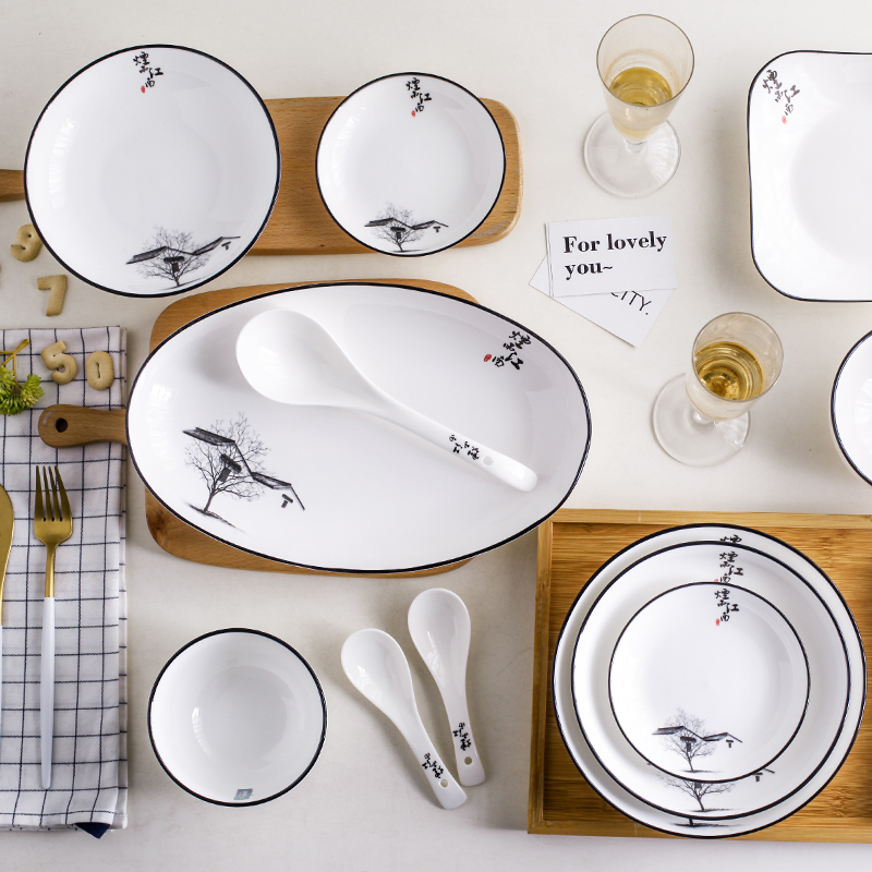 Dishes suit eat Chinese style household ceramic Dishes 56 head combination 10 people glair contracted more creative Dishes