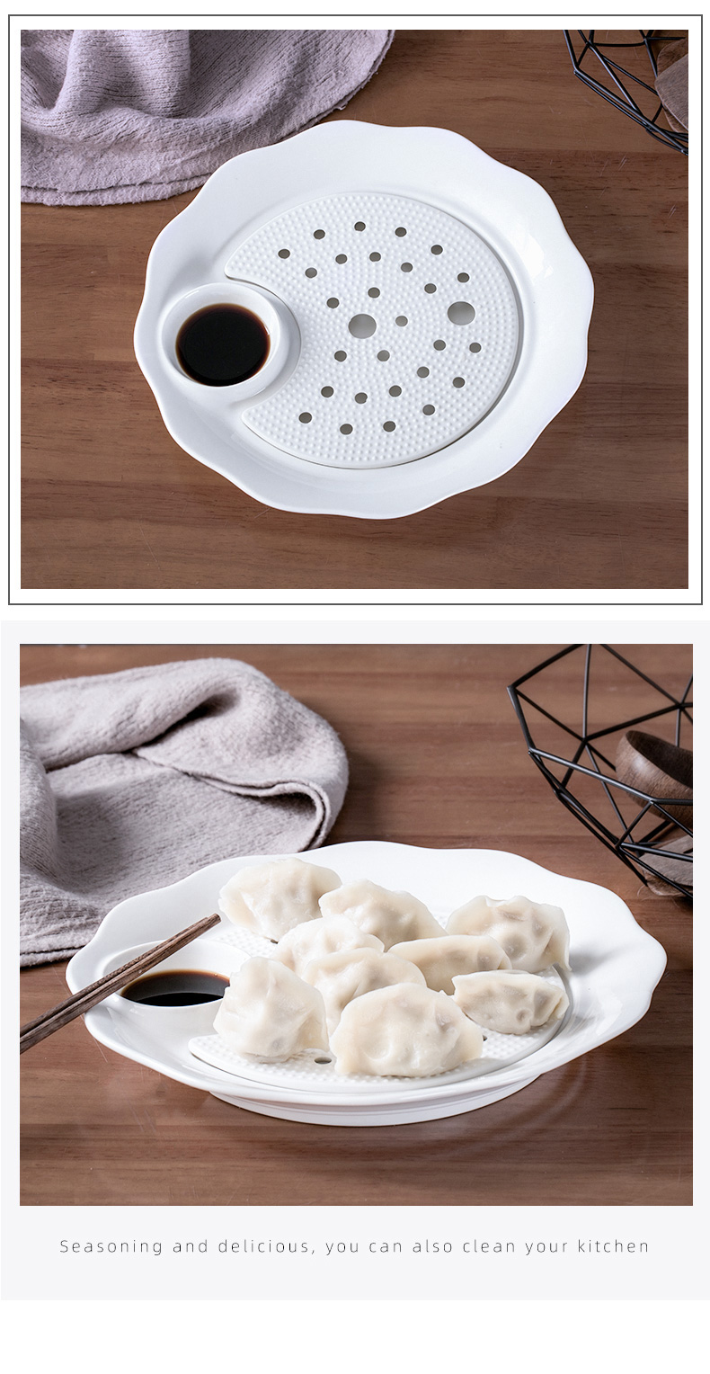 Dumplings disc ceramic double dribble large drop vinegar disc Dumplings plate creative household to eat Dumplings special pure white dish