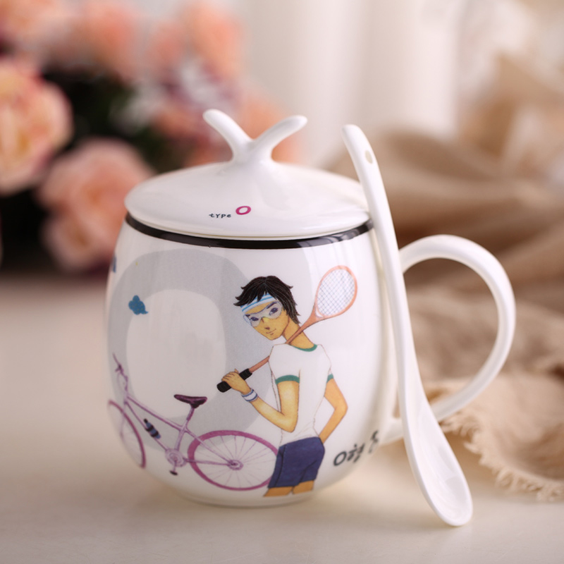 Han edition valentine 's children students creative move mark cup with cover glass ceramic cup with a spoon, custom ipads porcelain cup