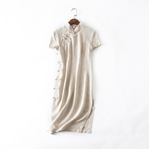 original new products spring summer pure colour linen cotton linen full open manual disc buckle daily short sleeve qipao long dress dress