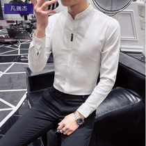 Striped mens long sleeve shirt Korean slim trend white shirt mens 2019 spring and autumn hair stylist handsome inch shirt