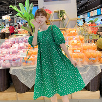 Pregnant Women summer floral dress 2021 New Korean version of large size fashion bubble sleeve square collar Green slim long skirt