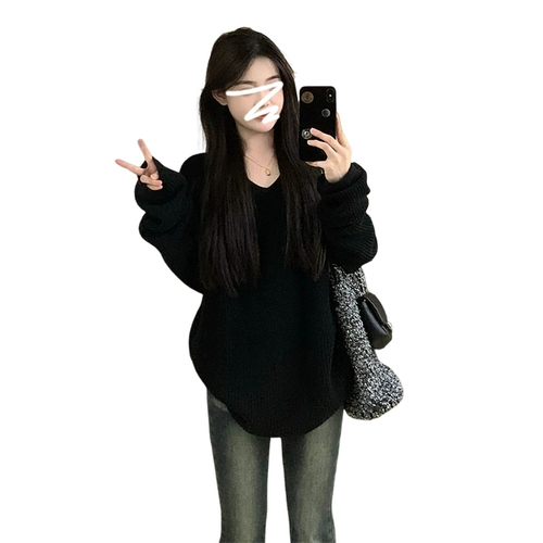 Черный демисезонный трикотажный свитер, V-образный вырез, оверсайз