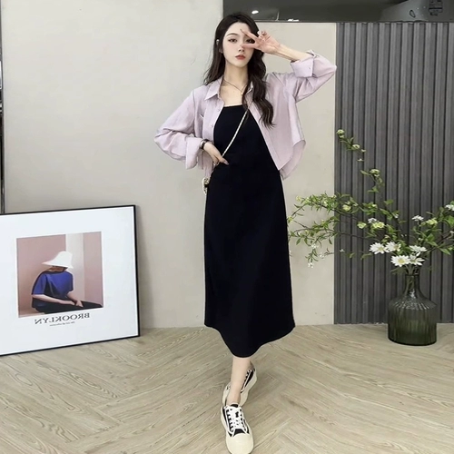 Черный демисезонный весенний комплект, длинная юбка, эффект подтяжки