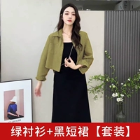 Зеленая рубашка + черная юбка [костюм] [подходят к модному модному комплекту/слегка толстый и облегающий костюм/маленький костюм высокого класса/горячий костюм для девочек/популярный в этом году костюм-юбка/костюм в студенческом стиле/толстый мм закрывает живот и скрывает плоть]