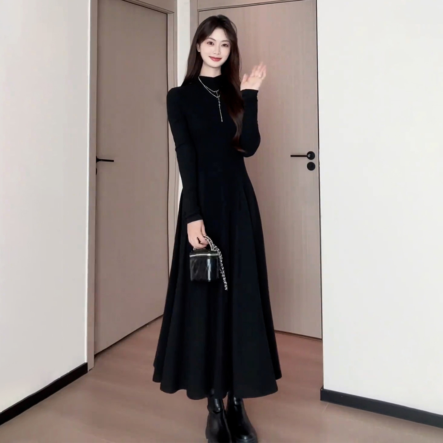 Гигантское красивое черное платье, детская одежда, осень-зима 2025, новинка, высококачественное платье, пальто с длинной юбкой по низу