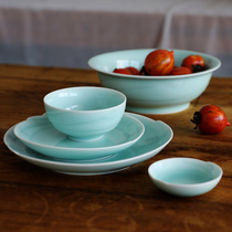 Oujiang Longquan Celadon dish household Chinese ceramic plate eating bowl soup bowl vinegar dish soup spoon chopsticks pillow Phoenix tableware tableware