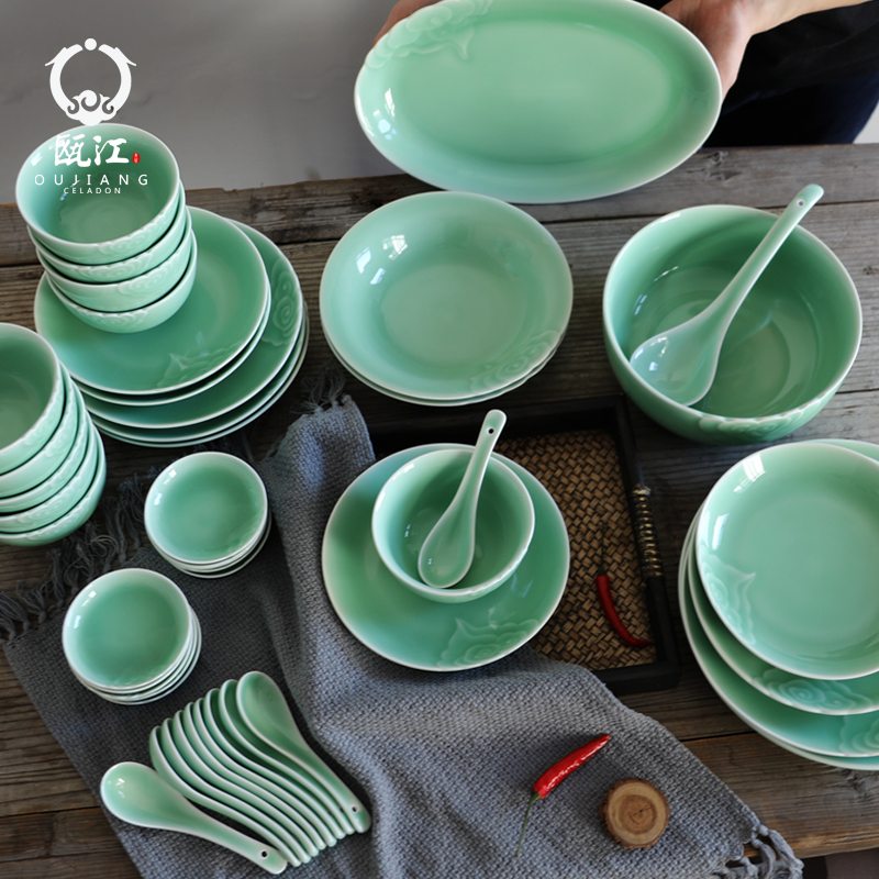 Oujiang longquan celadon dishes suit household top - grade ceramic dishes spoon combination creative Chinese tableware gift boxes