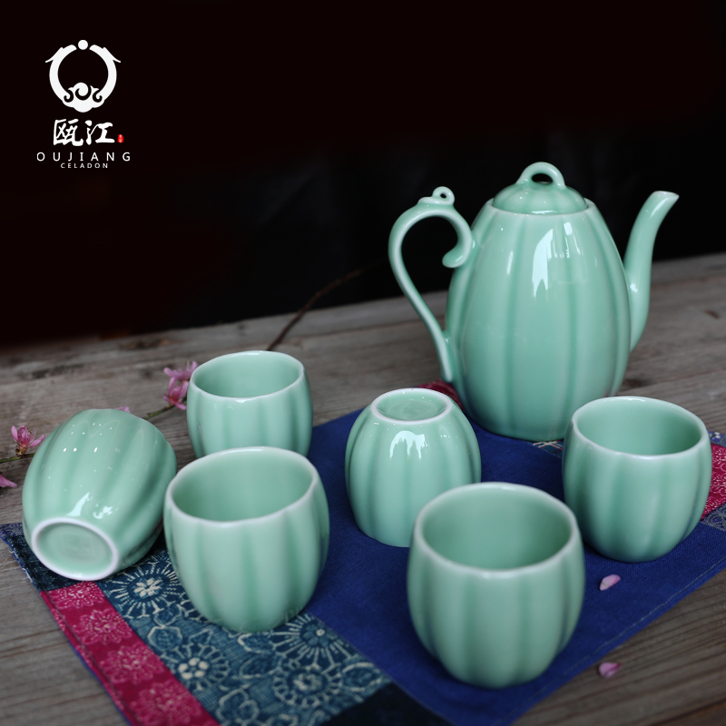 Oujiang longquan celadon tea sets cool teapot teacup 7 head spring park household cold water kettle pot gift boxes