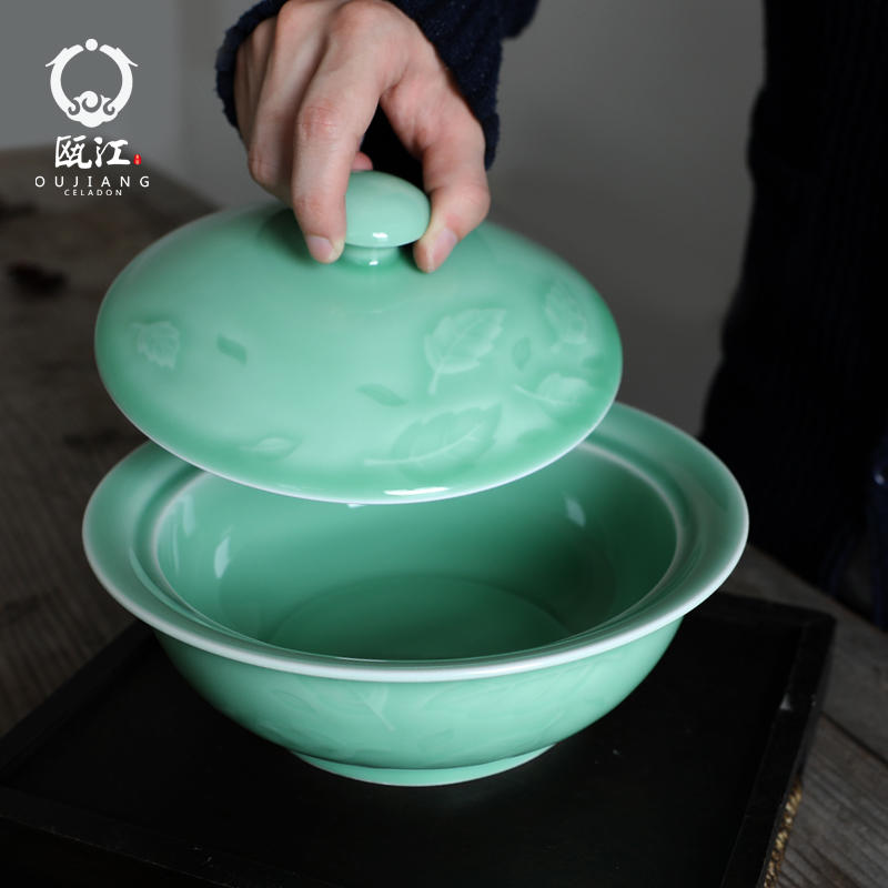 Oujiang longquan celadon soup basin home large soup bowl with cover 9 inch pan household ceramics rainbow such use boiled fish bowl