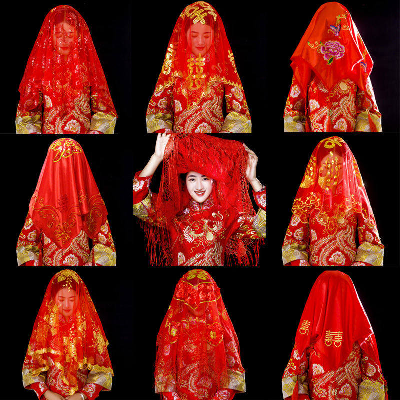 Red hijab wedding Chinese mesh thin translucent wedding tassel yarn sheer sheer grass dress red embroidery enlarged bride