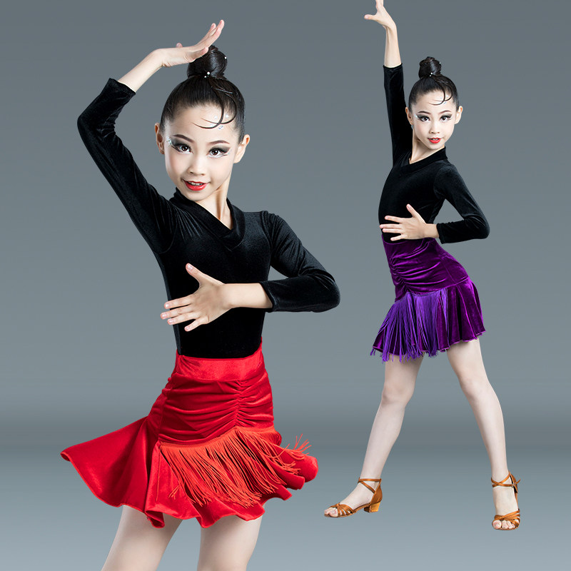 Latin dance clothes girls and children's practice clothes long-sleeved professional competition performance new tassel dance skirt autumn and winter suits