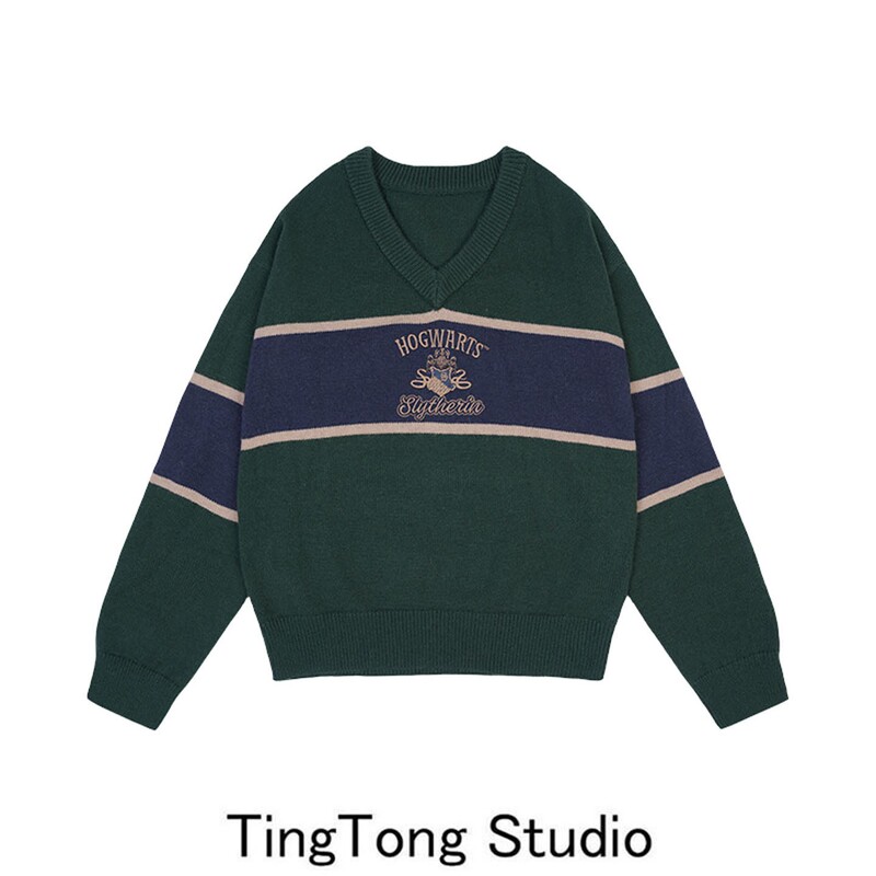 Harry Potter Co-Branded Color-Blocked V-Neck Pullover Sweater for Women, New Autumn and Winter Versatile Age-Reducing Loose Knitted Top Harry Potter Co-Branded Color-Blocked V-Neck Pullover Sweater for Women, New Autumn and Winter Versatile Age-Reducing Loose Knitted Top