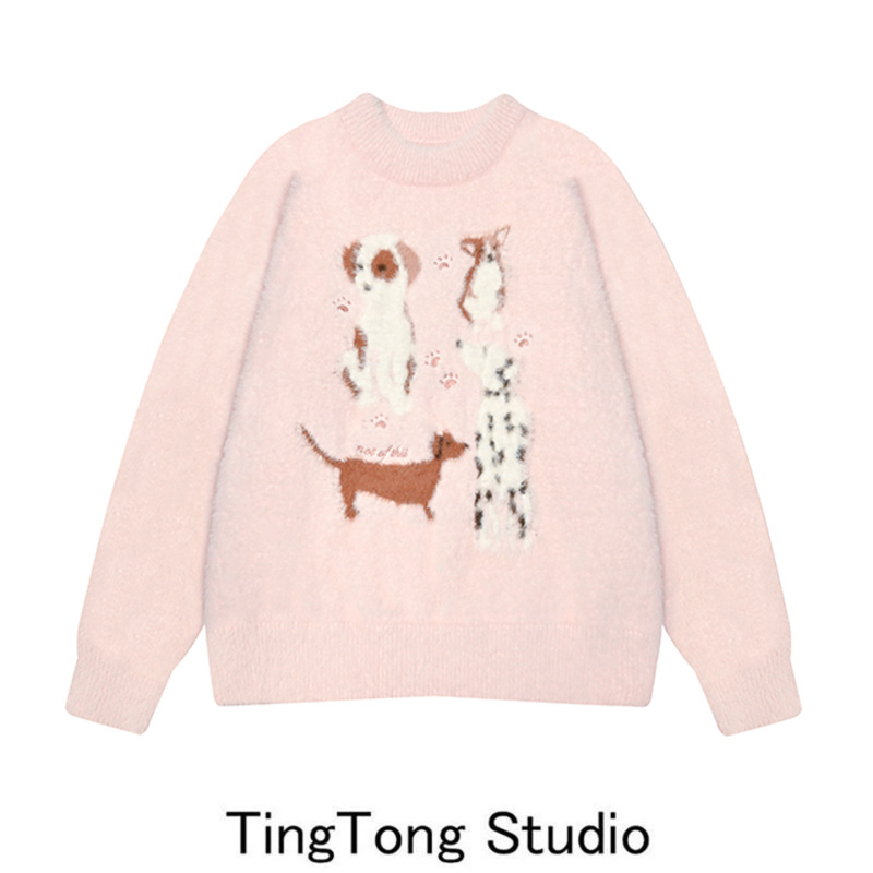 Pink Faux Mink Fur Puppy Jacquard Pullover Sweater for Women, New Autumn and Winter Style, Sweet and Gentle Style, Round Neck Knit Top