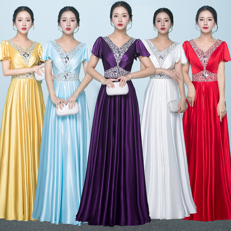 Chorus Dress Long Skirt Performance Outfit Guzheng Performance Dress for Women Adult Slimming Sequin Style Middle-Aged and Elderly Choir Gown