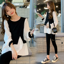 Fashionable and versatile loose maternity wear contrasting fake two-piece long-sleeved shirt new autumn style slimming age-reducing top