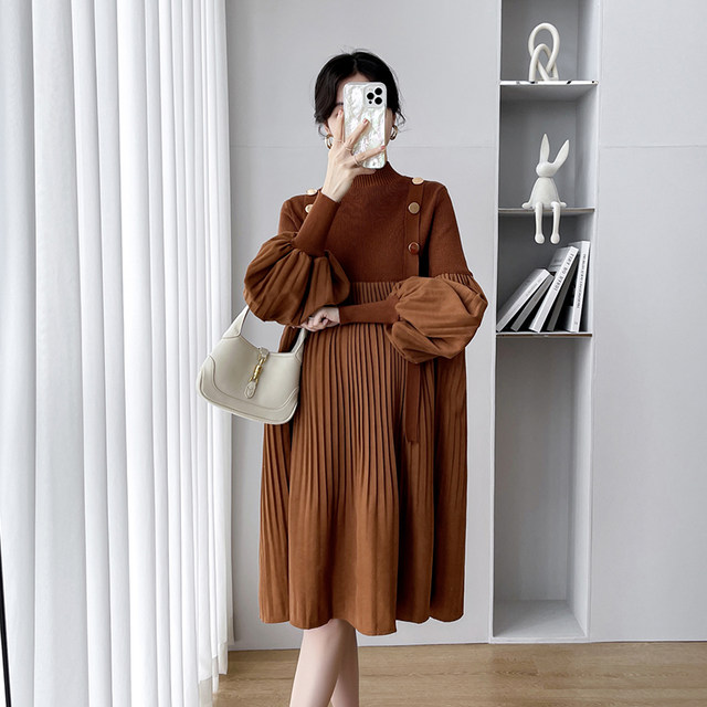 Maternity dress spring and autumn new fashion trendy mother knitting splicing loose and thin lantern sleeve mid-length dress for women