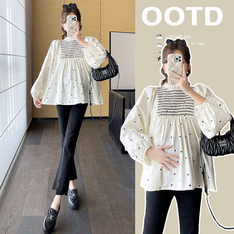 2023 pregnant women's new Korean version loose with slim, sweet and slimmer blouses blouse-shirt small crowdshirt autumn tide-Taobao