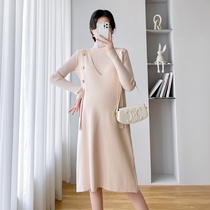 Maternity wear autumn and winter new fashion knitted dress two-piece set mid-length vest bottoming shirt sweater skirt