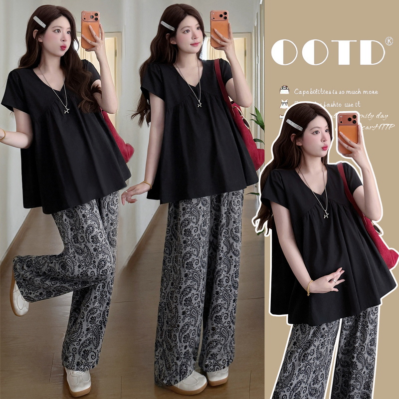 Maternity Summer Clothes 2026 Hepburn Style Slimming Plus Size Maternity Babydoll Top Paisley Casual Belly Support Pants Set
