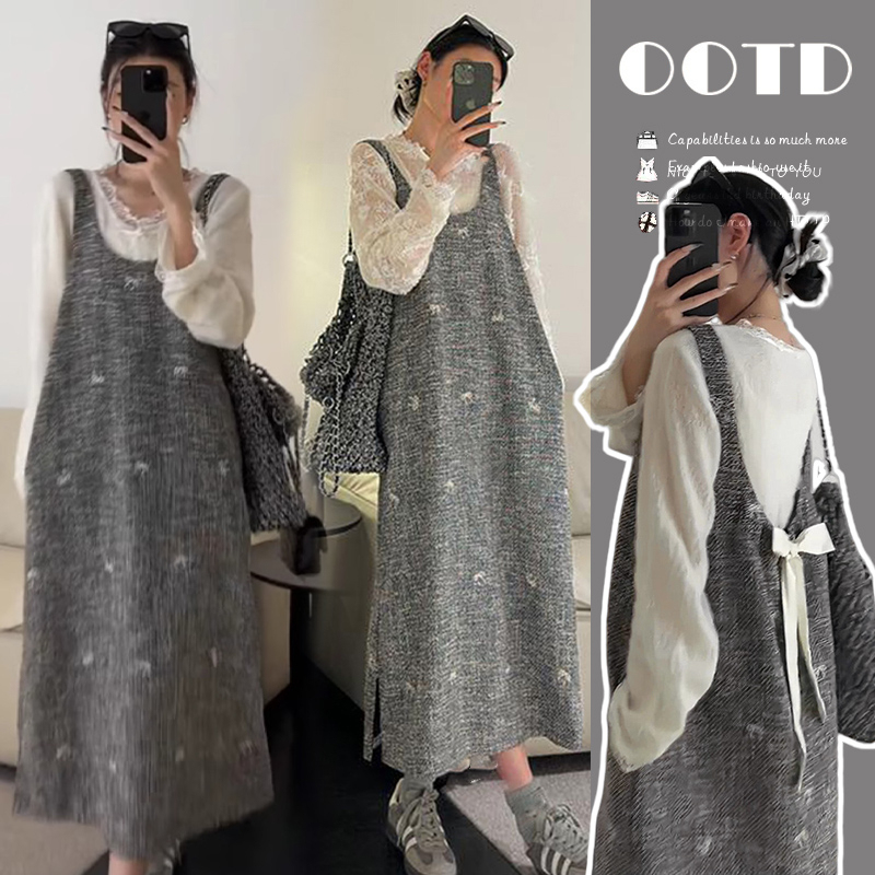 Autumn and Winter 2024 New Style Maternity Wear with Lace Top + Butterfly Flower Embroidery Heavy-Duty Vest Dress Two-Piece Set Autumn and Winter 2024 New Style Maternity Wear with Lace Top + Butterfly Flower Embroidery Heavy-Duty Vest Dress Two-Piece Set