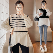 Maternity dress Spring new Korean version Fashion 100 hitch Pregnant Woman Loose Stripes Splicing Fake two shirts Skinny Blouse